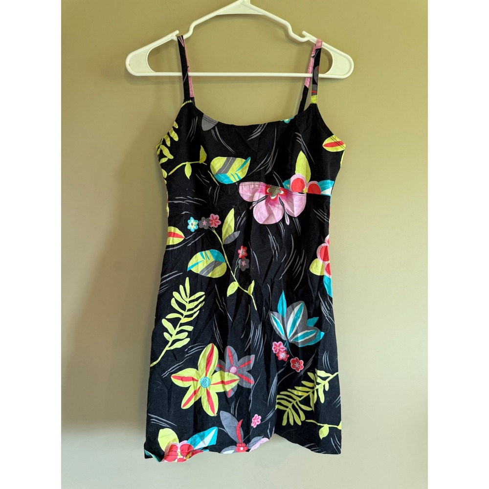 Arizona Jean Co Black Floral Mini Dress Spaghetti Strap Tropical Summer Womens 9